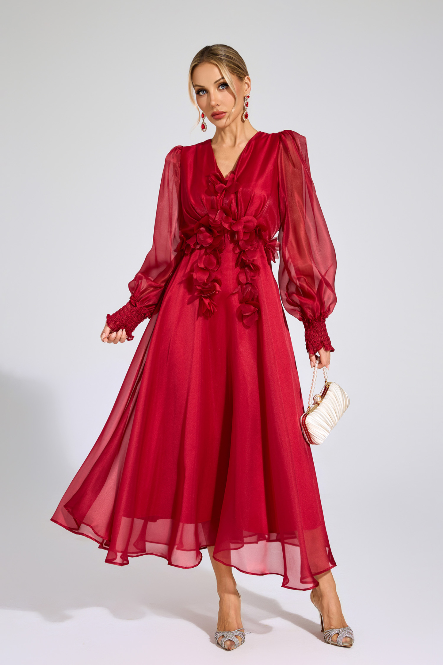 Joscelin Red Flower Satin Midi Dress