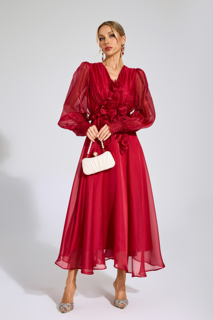 Joscelin Red Flower Satin Midi Dress