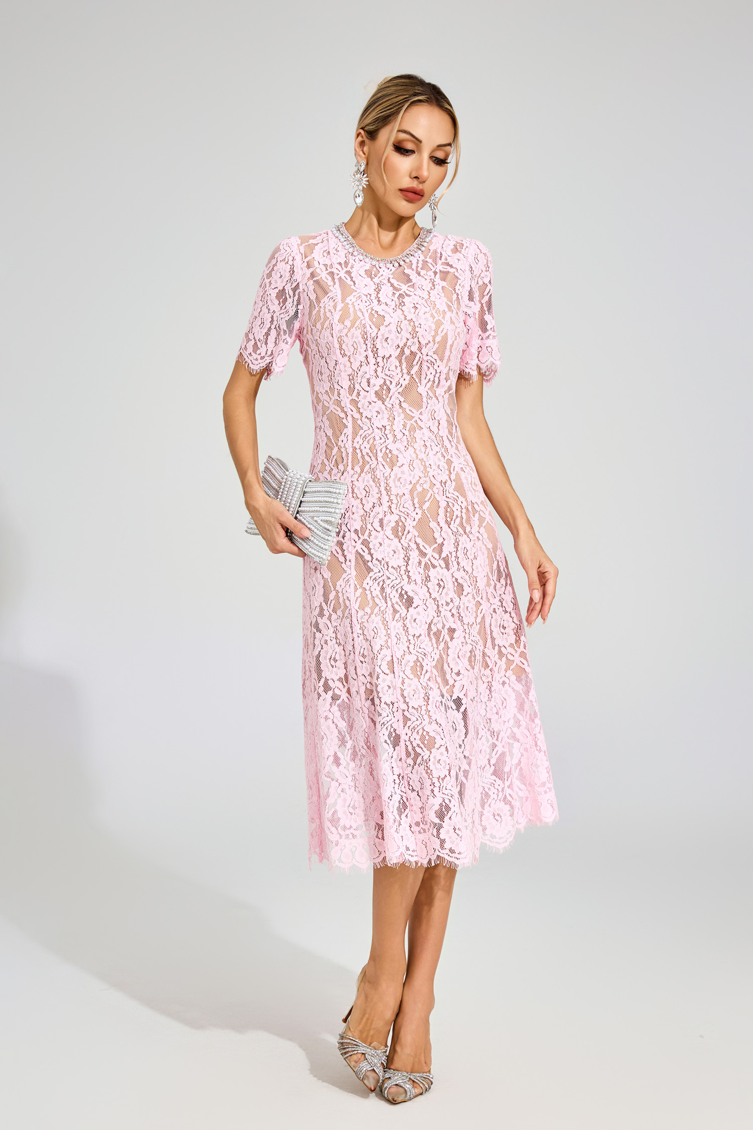 Kendall Pink Cut Out Lace Midi Dress