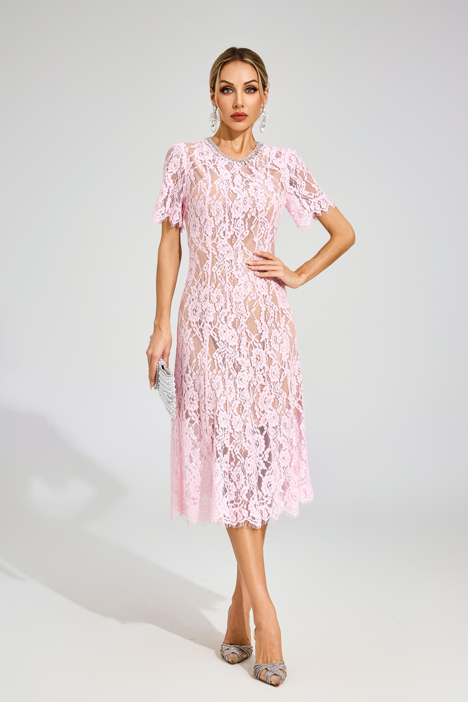 Kendall Pink Cut Out Lace Midi Dress
