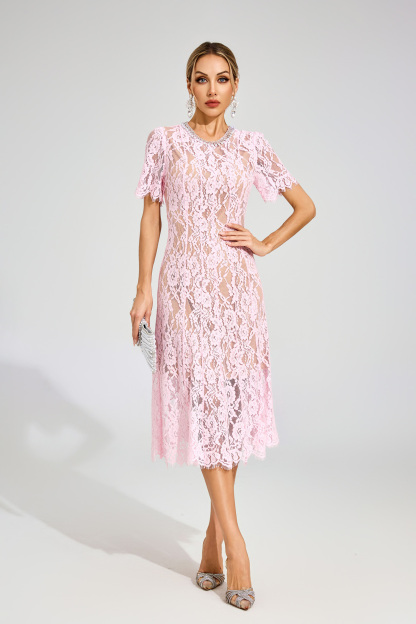 Kendall Pink Cut Out Lace Midi Dress