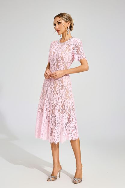 Kendall Pink Cut Out Lace Midi Dress