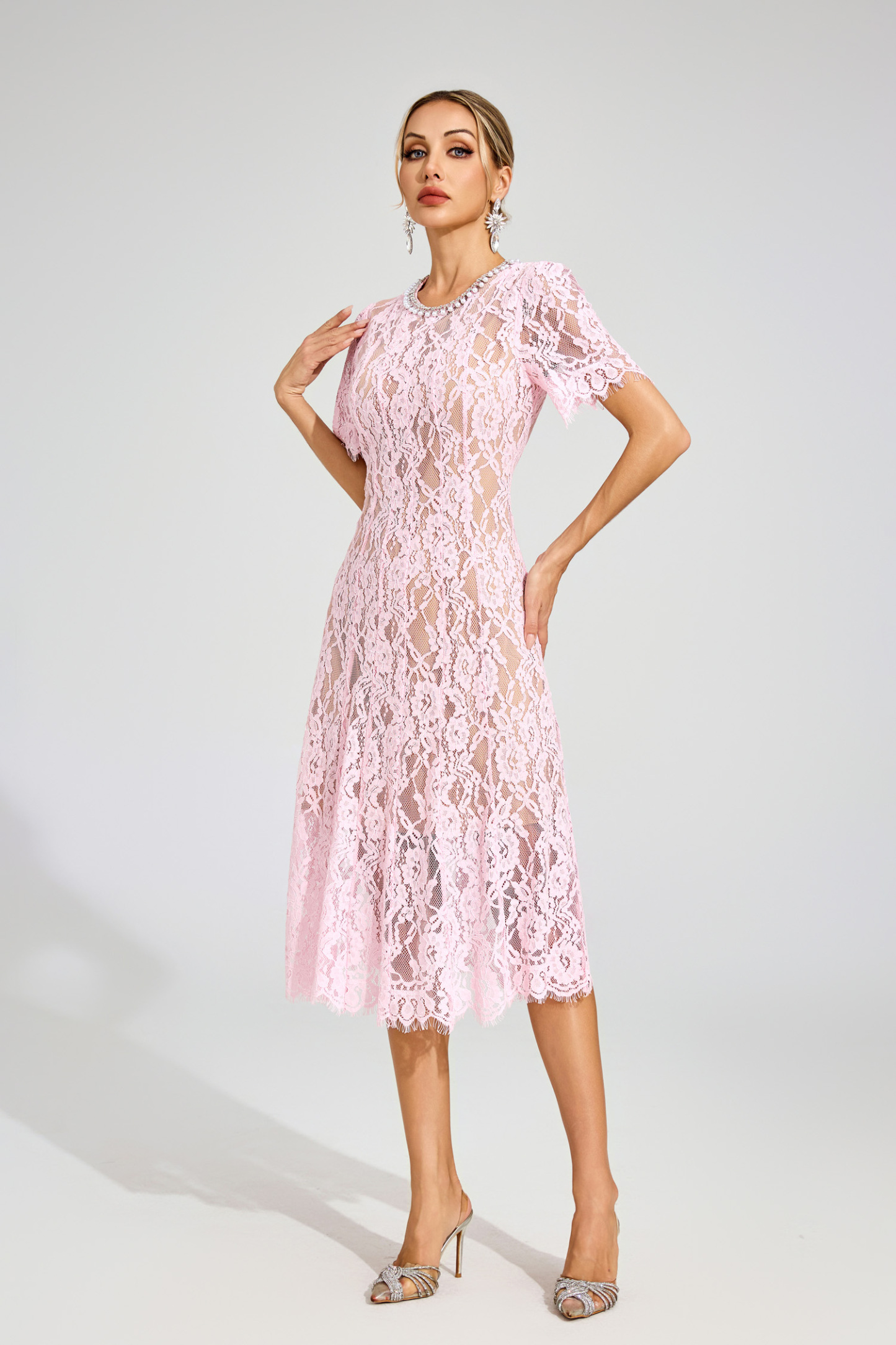 Kendall Pink Cut Out Lace Midi Dress