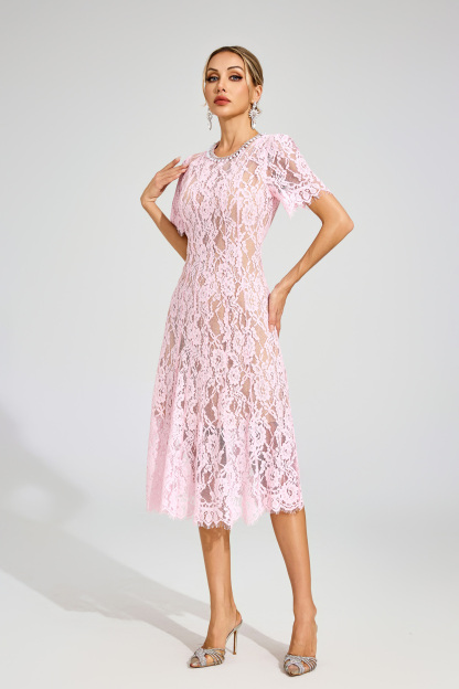 Kendall Pink Cut Out Lace Midi Dress