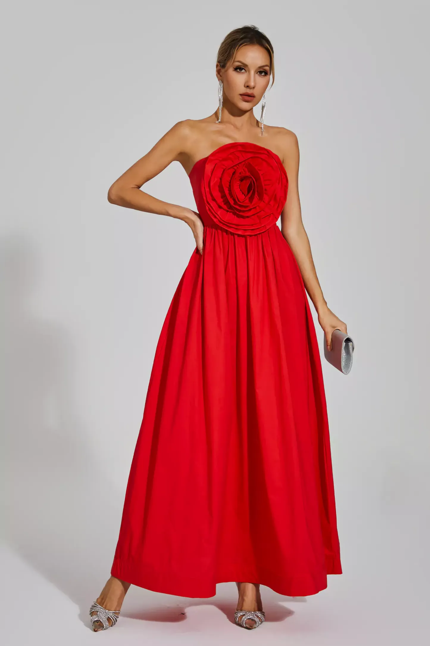 Georgene Red Rose Flower Off Shoulder Dress