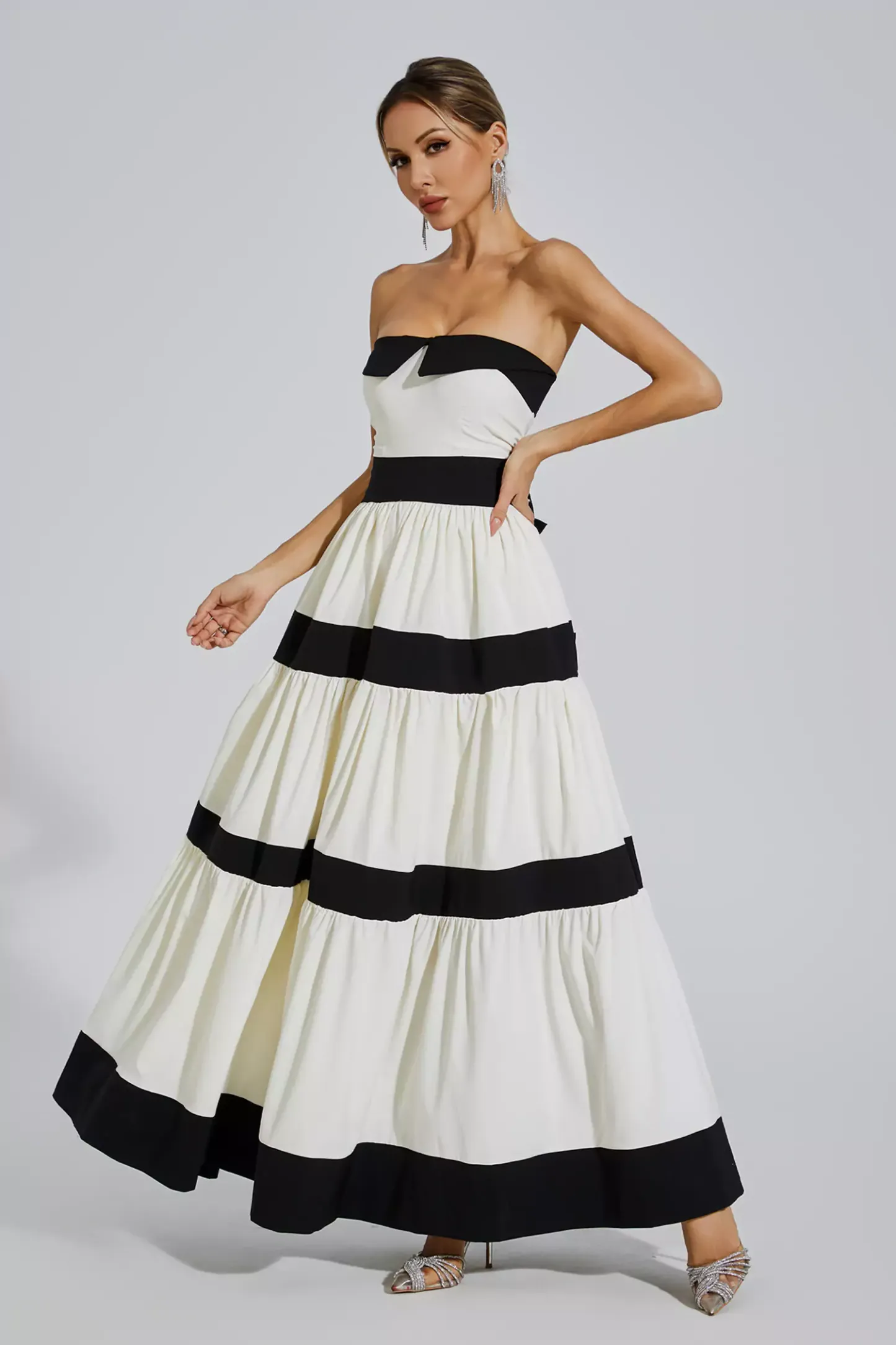 Dominica White Striped Bowknot Maxi Dress