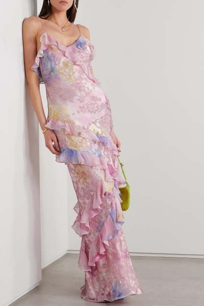Victoria Floral Frill Sweetheart Neck Sleeveless Maxi Dress