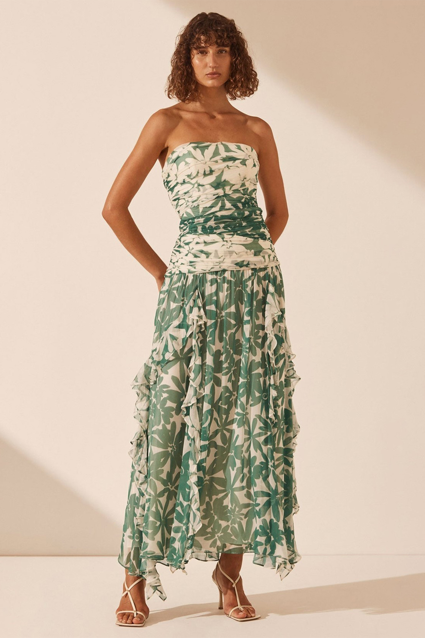 Judith Floral Ruched Strapless Midi Dress