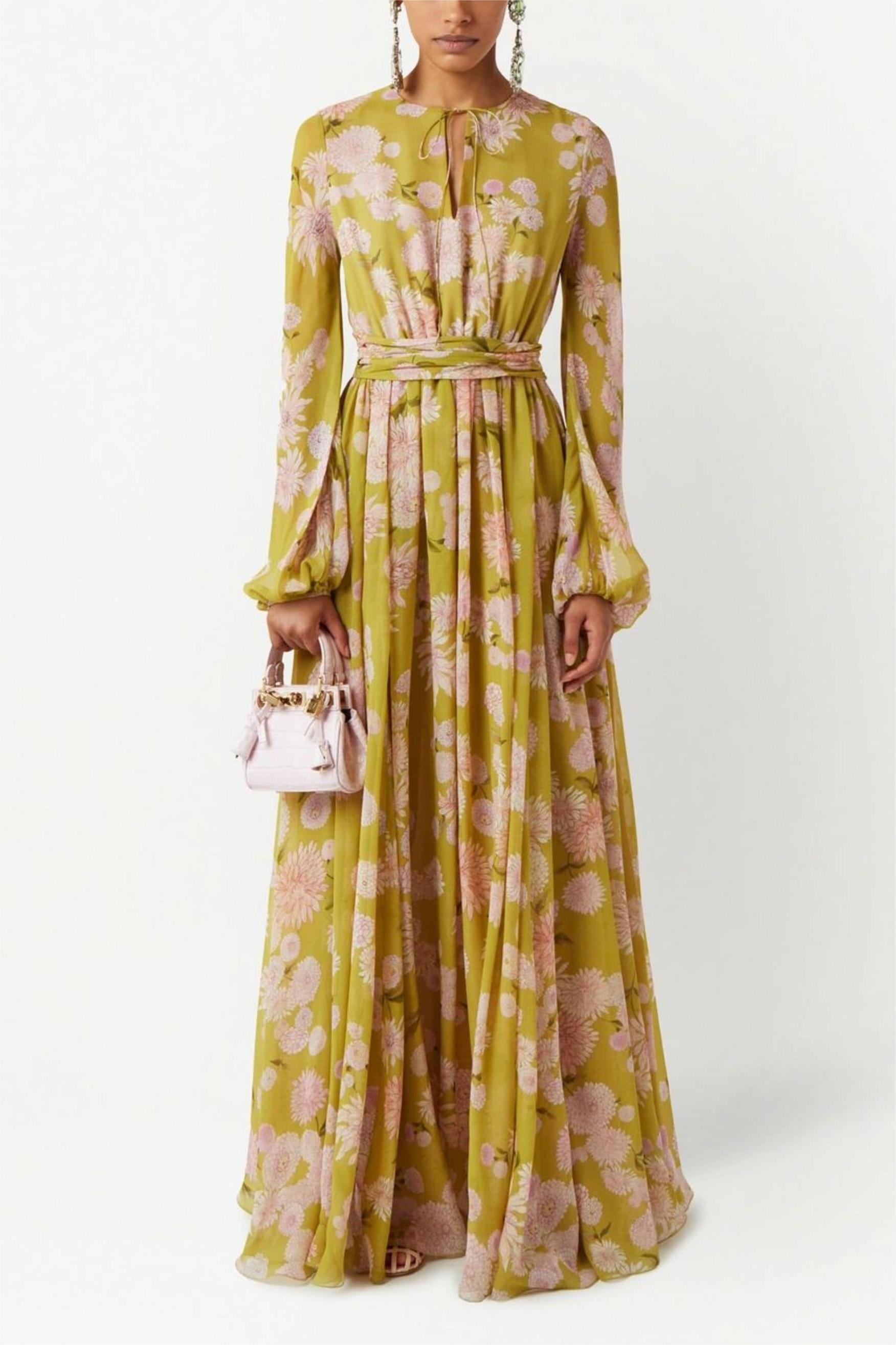 Dorthy Floral Lace Up Puff Sleeve Maxi Dress