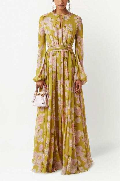 Dorthy Floral Lace Up Puff Sleeve Maxi Dress
