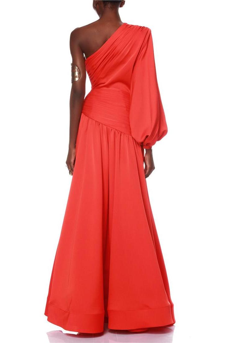 Jacinda Satin Pleat One-Shoulder Long Sleeve Maxi Dress