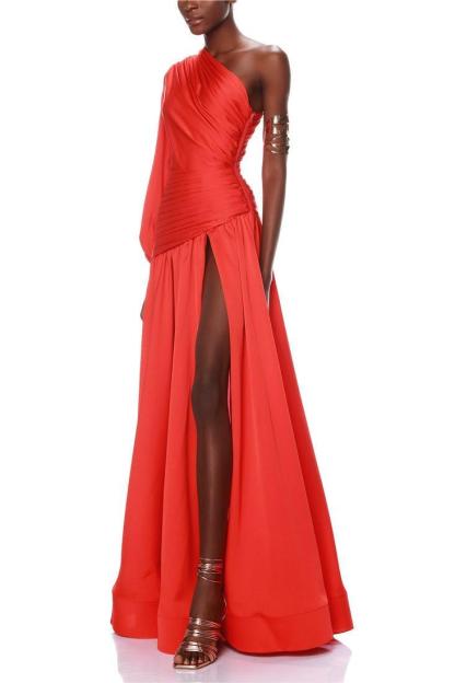 Jacinda Satin Pleat One-Shoulder Long Sleeve Maxi Dress