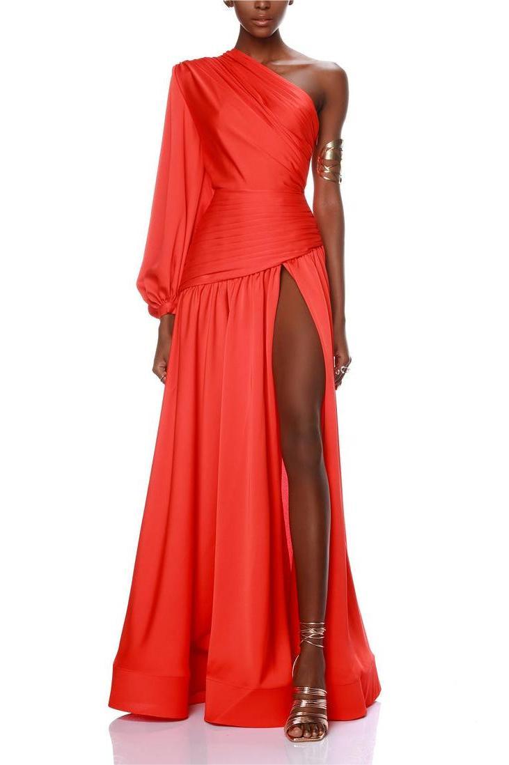 Jacinda Satin Pleat One-Shoulder Long Sleeve Maxi Dress
