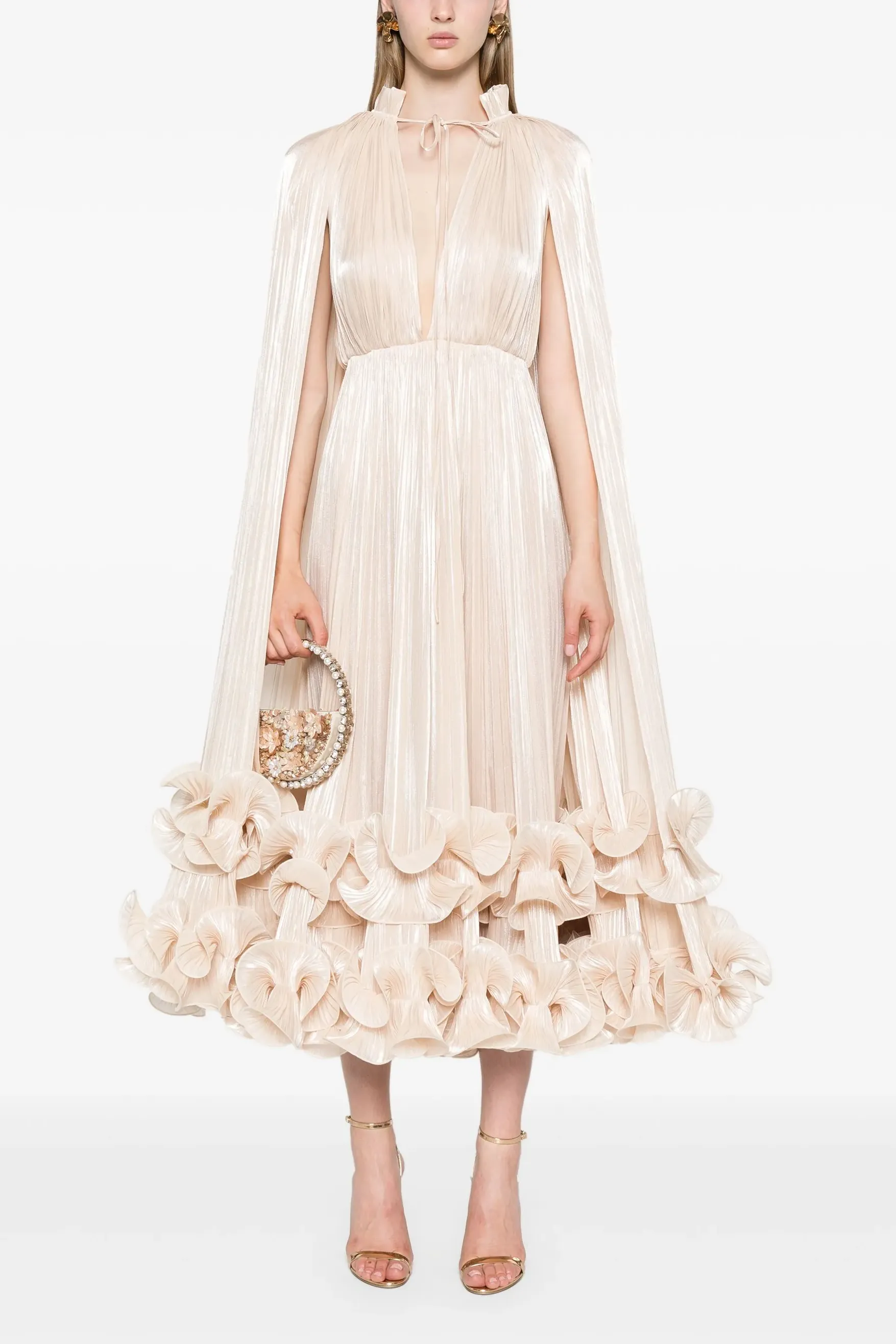 Gertie Satin Deep V-Neck Cape Sleeve Midi Dress