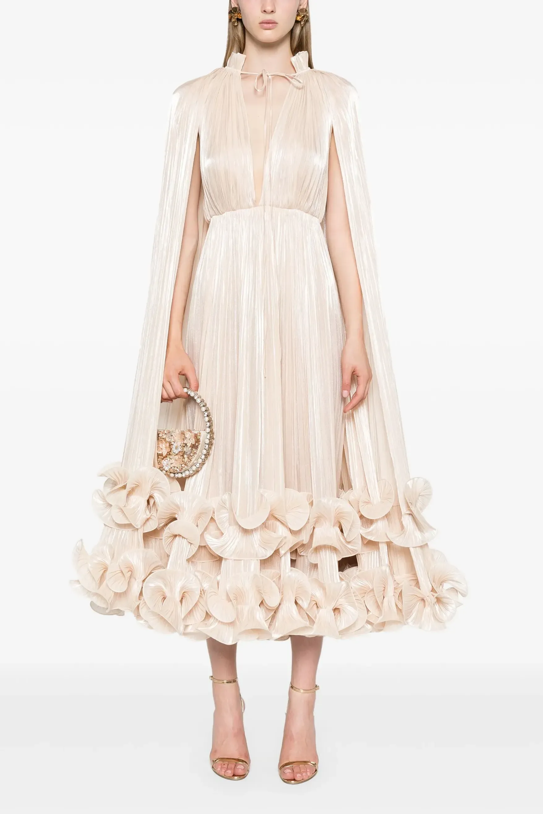 Gertie Satin Deep V-Neck Cape Sleeve Midi Dress