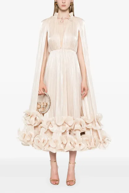 Gertie Satin Deep V-Neck Cape Sleeve Midi Dress