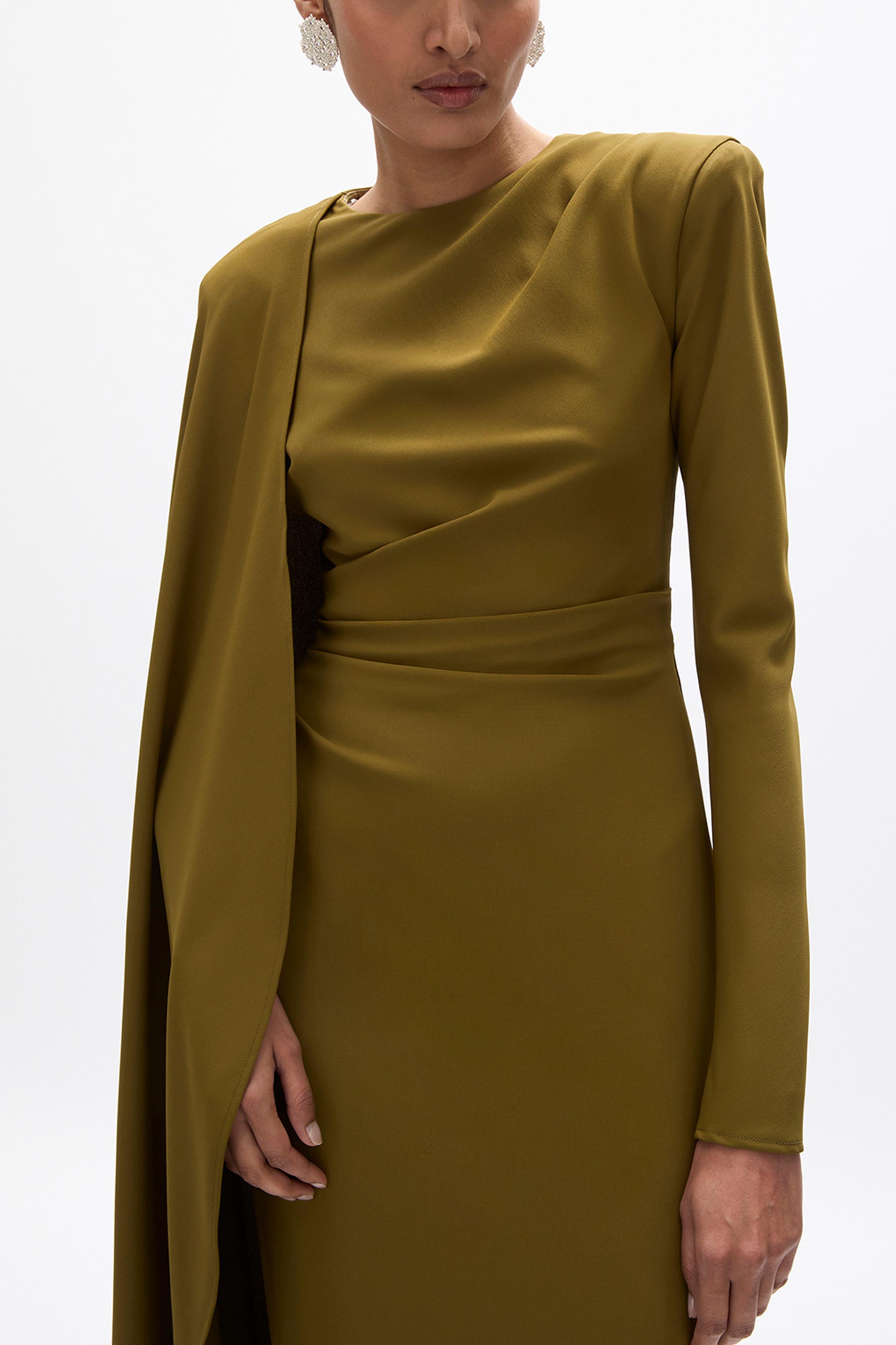 Maura Pleated Round Neck Cape Maxi Dress