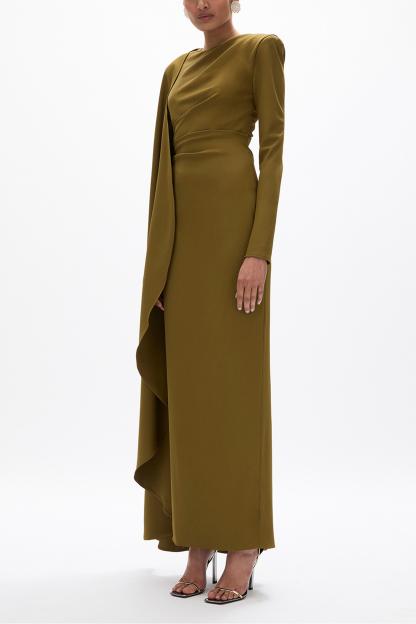 Maura Pleated Round Neck Cape Maxi Dress