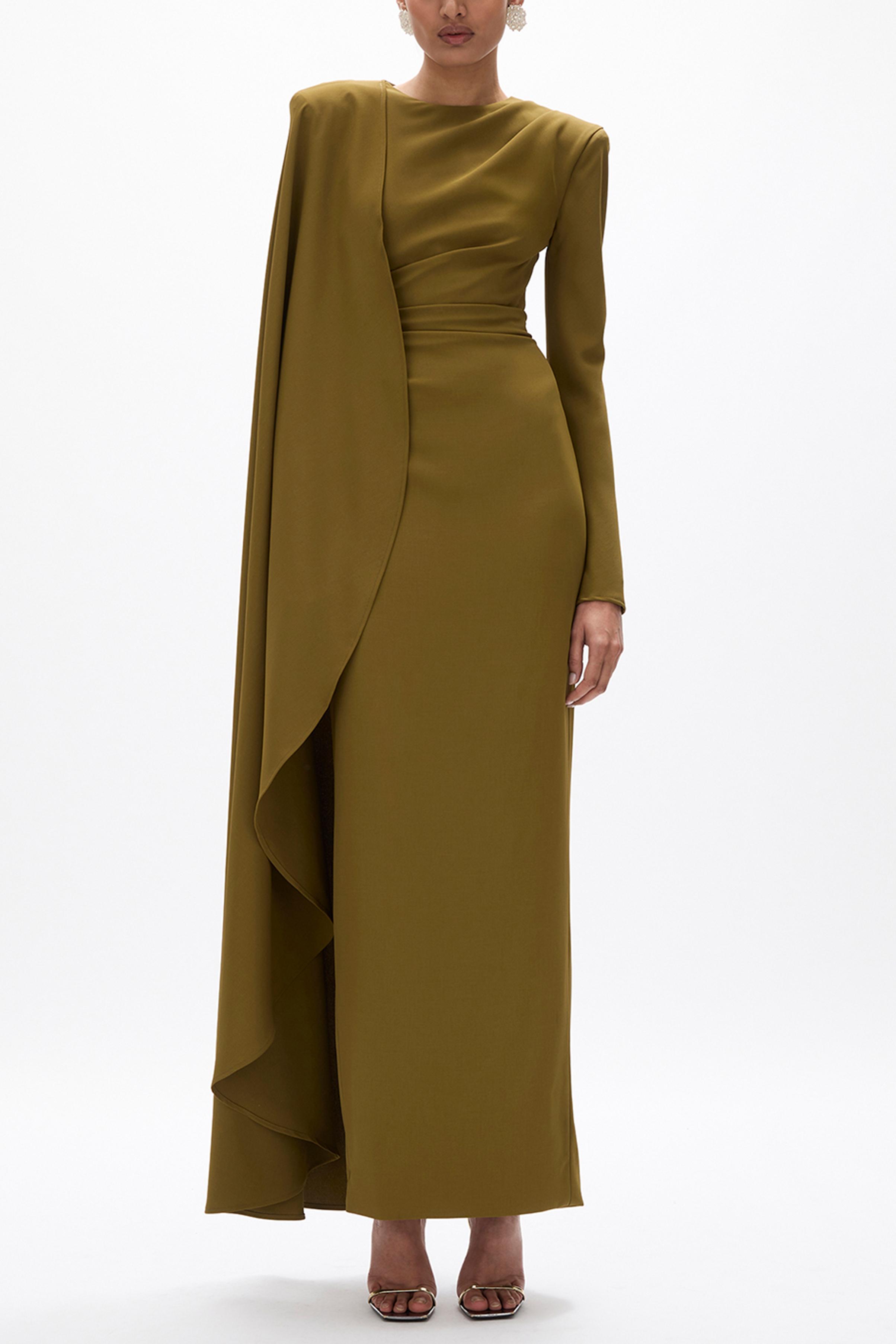 Maura Pleated Round Neck Cape Maxi Dress
