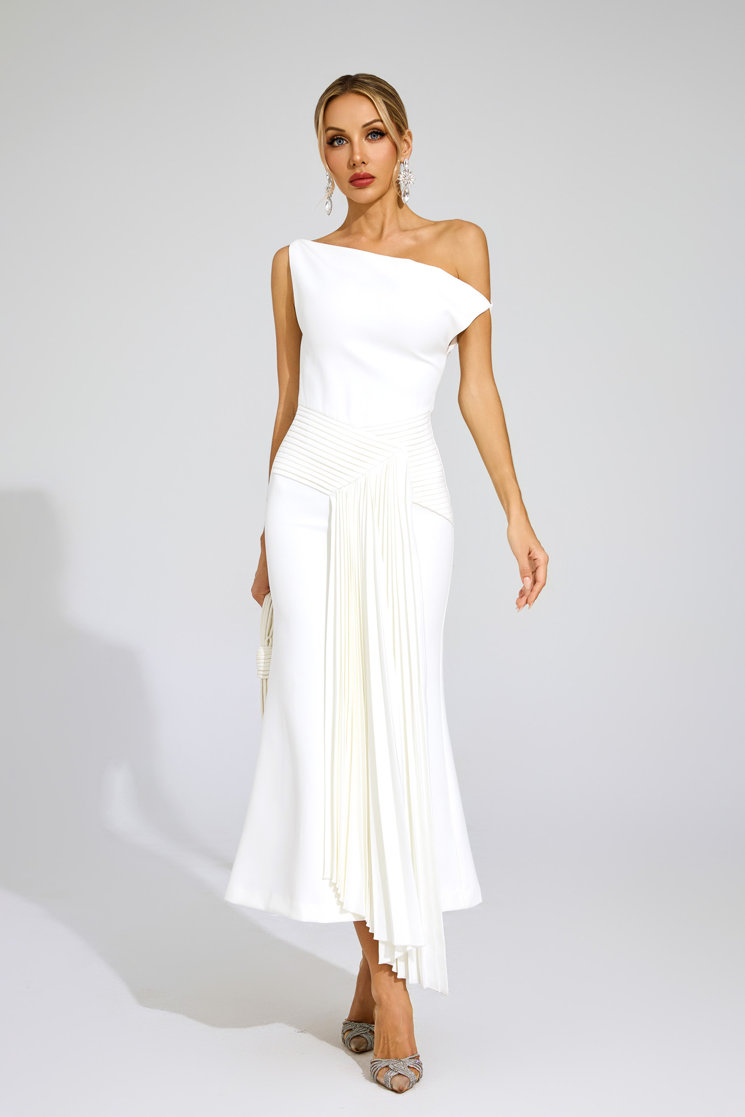 Hailey White Ruched One Shoulder Dress