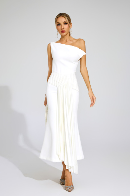 Hailey White Ruched One Shoulder Dress