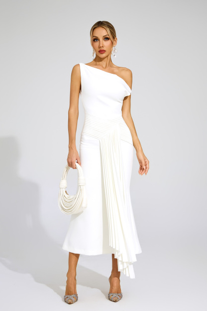 Hailey White Ruched One Shoulder Dress
