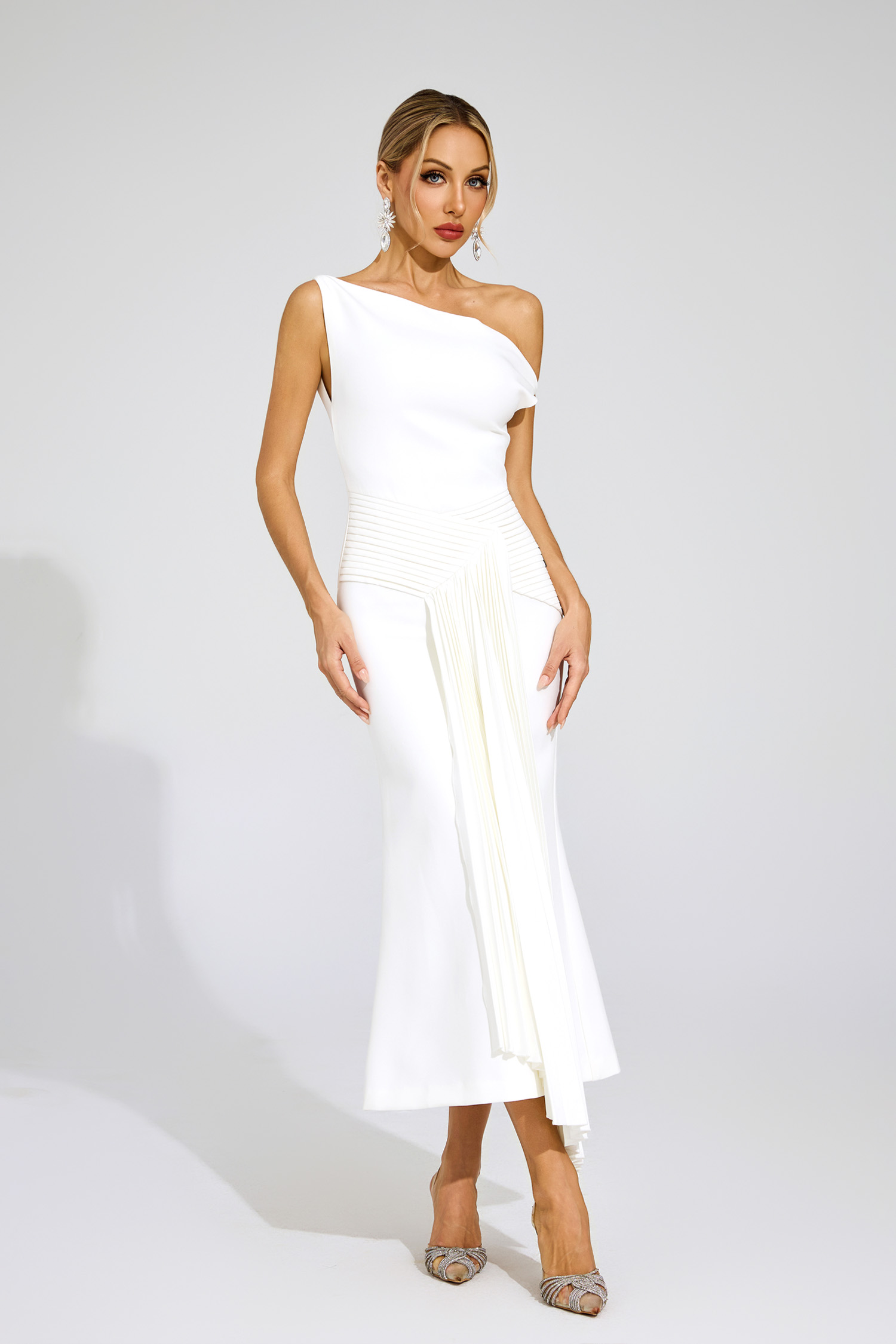 Hailey White Ruched One Shoulder Dress
