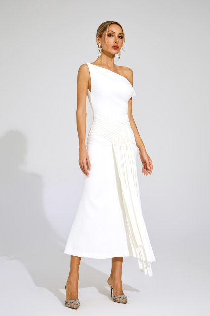 Hailey White Ruched One Shoulder Dress