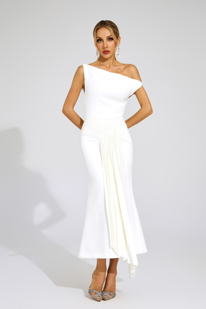 Hailey White Ruched One Shoulder Dress