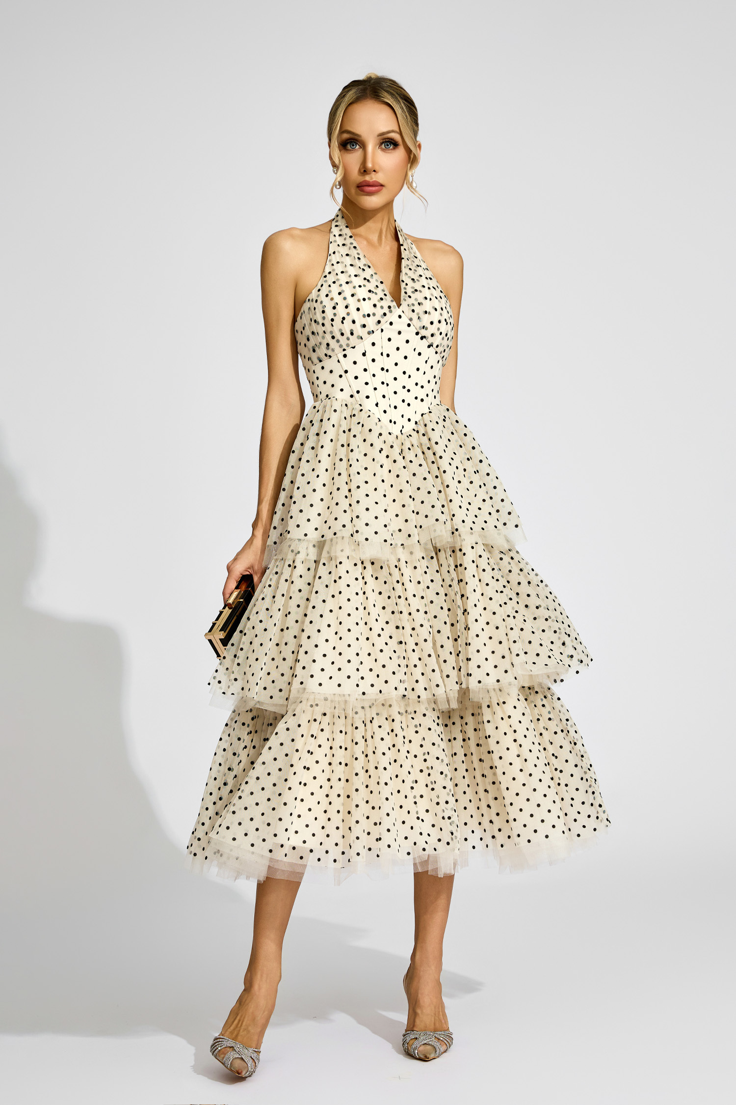 Lisa Apricot Polka Dot Halter Dress
