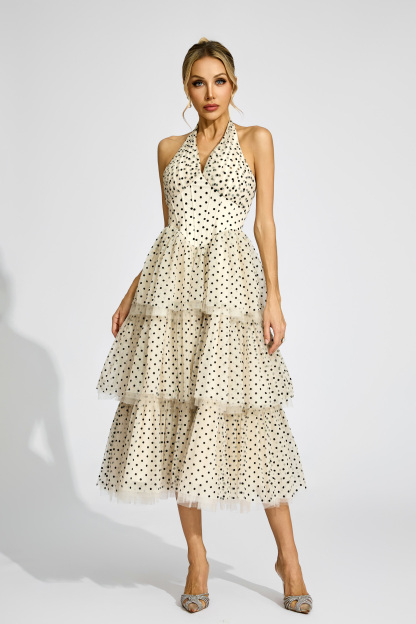 Lisa Apricot Polka Dot Halter Dress