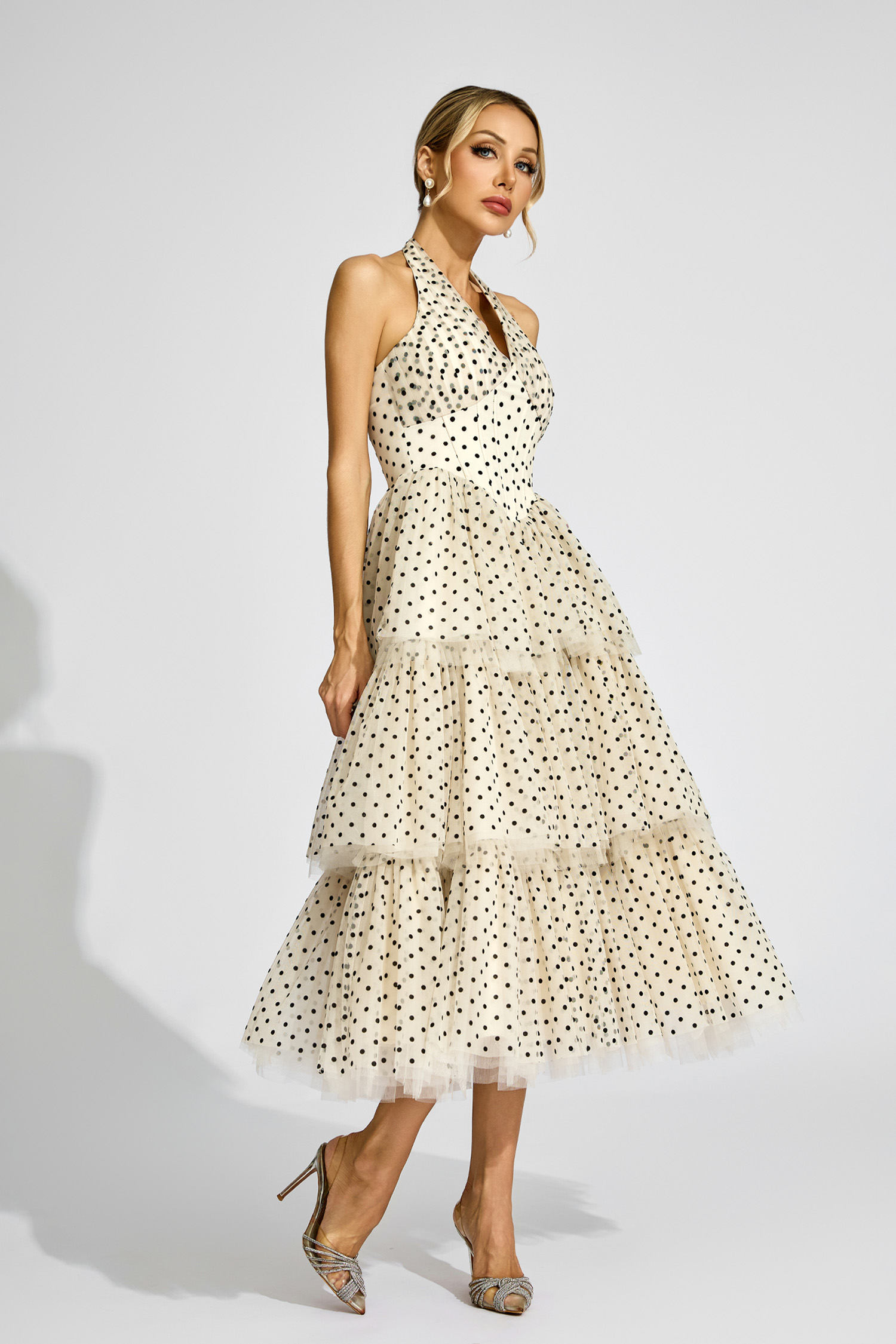 Lisa Apricot Polka Dot Halter Dress
