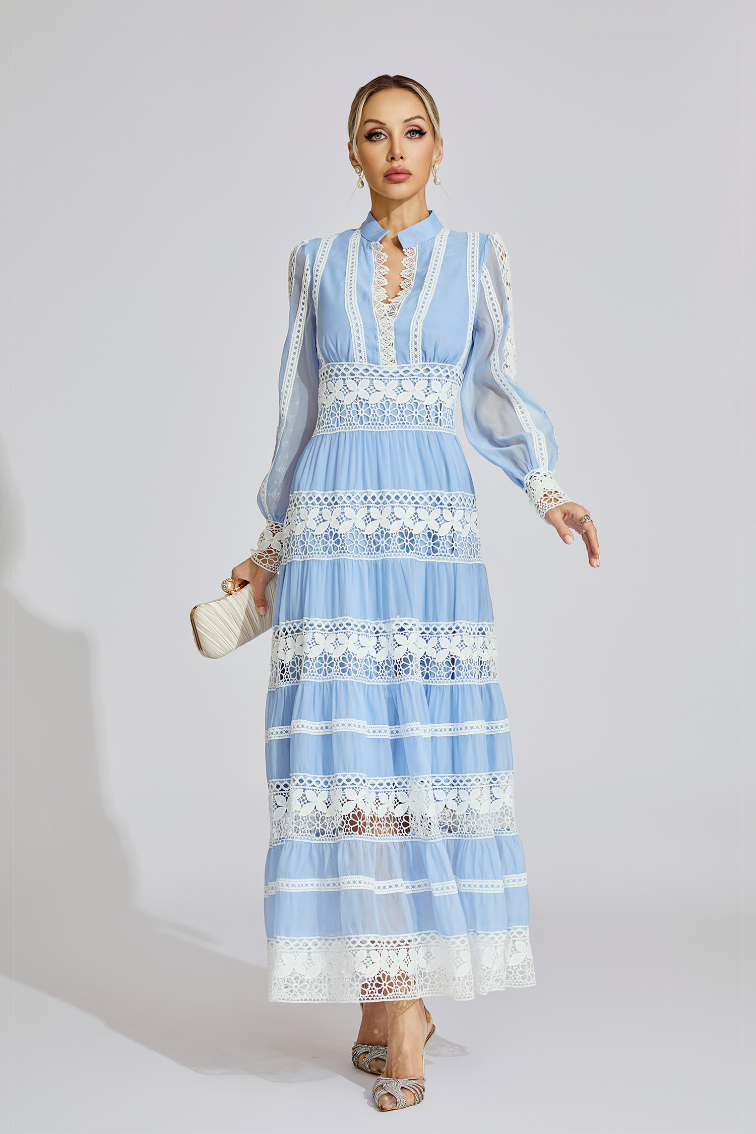 Dolores Blue Lace V-Neck French Maxi Dress