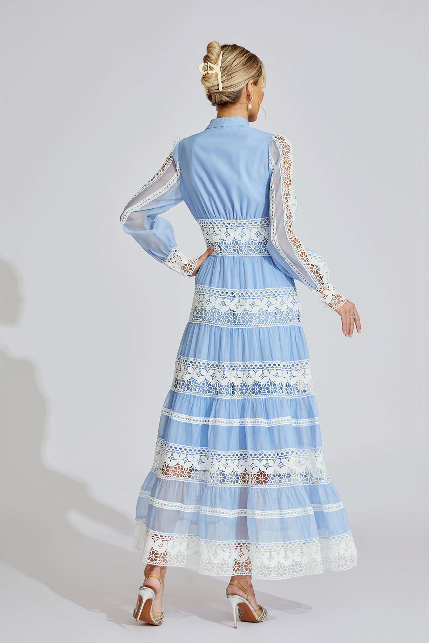 Dolores Blue Lace V-Neck French Maxi Dress