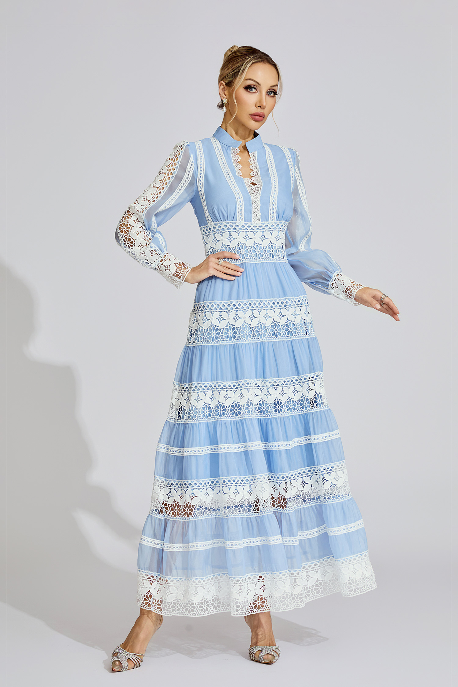 Dolores Blue Lace V-Neck French Maxi Dress