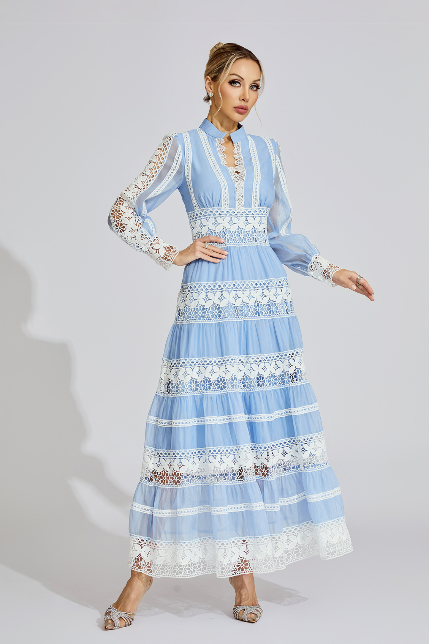 Dolores Blue Lace V-Neck French Maxi Dress