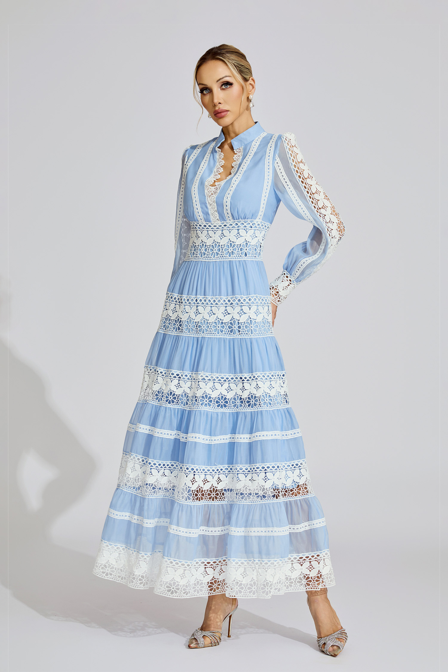 Dolores Blue Lace V-Neck French Maxi Dress