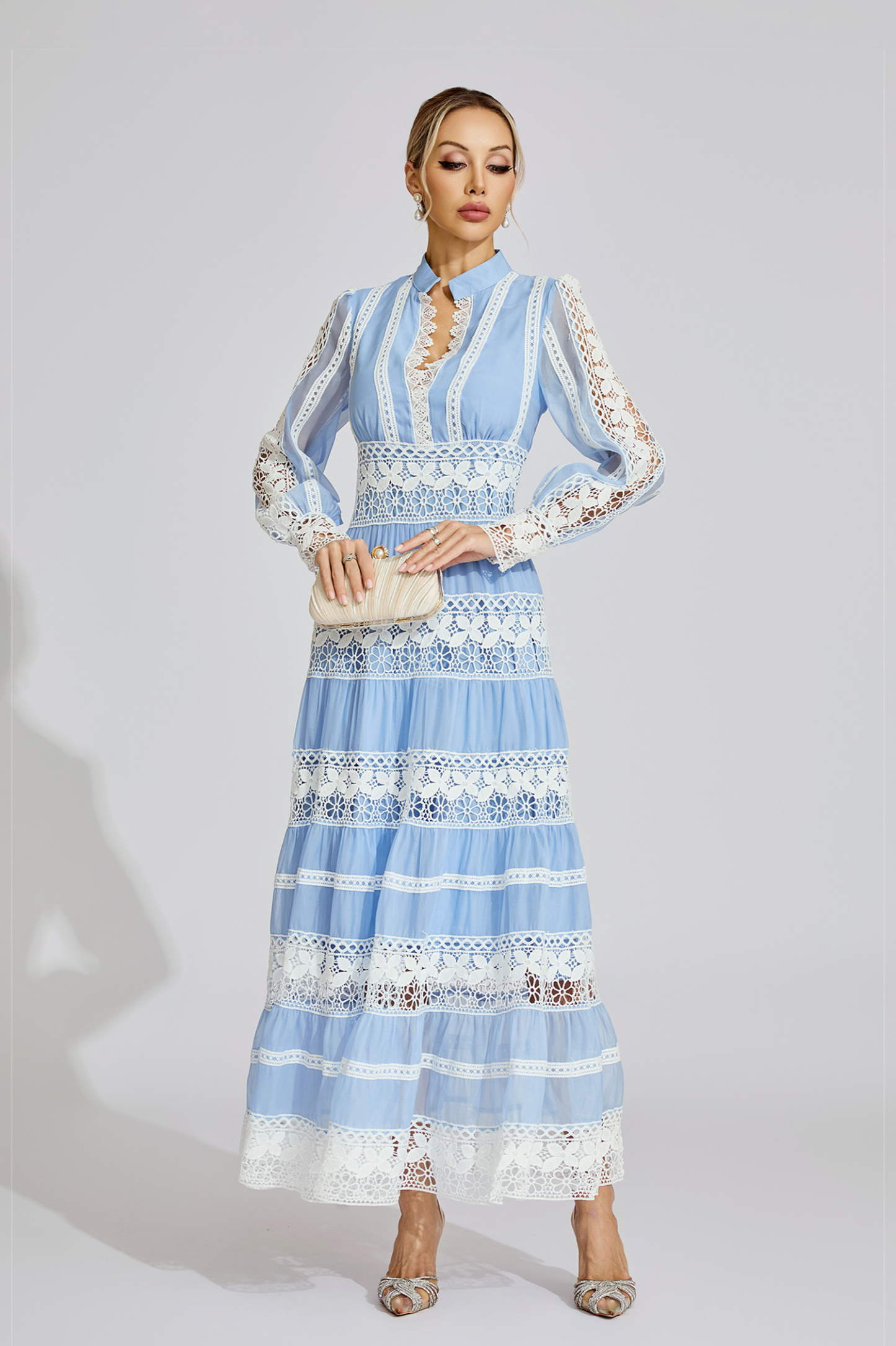 Dolores Blue Lace V-Neck French Maxi Dress