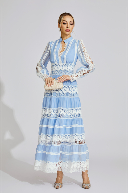 Dolores Blue Lace V-Neck French Maxi Dress