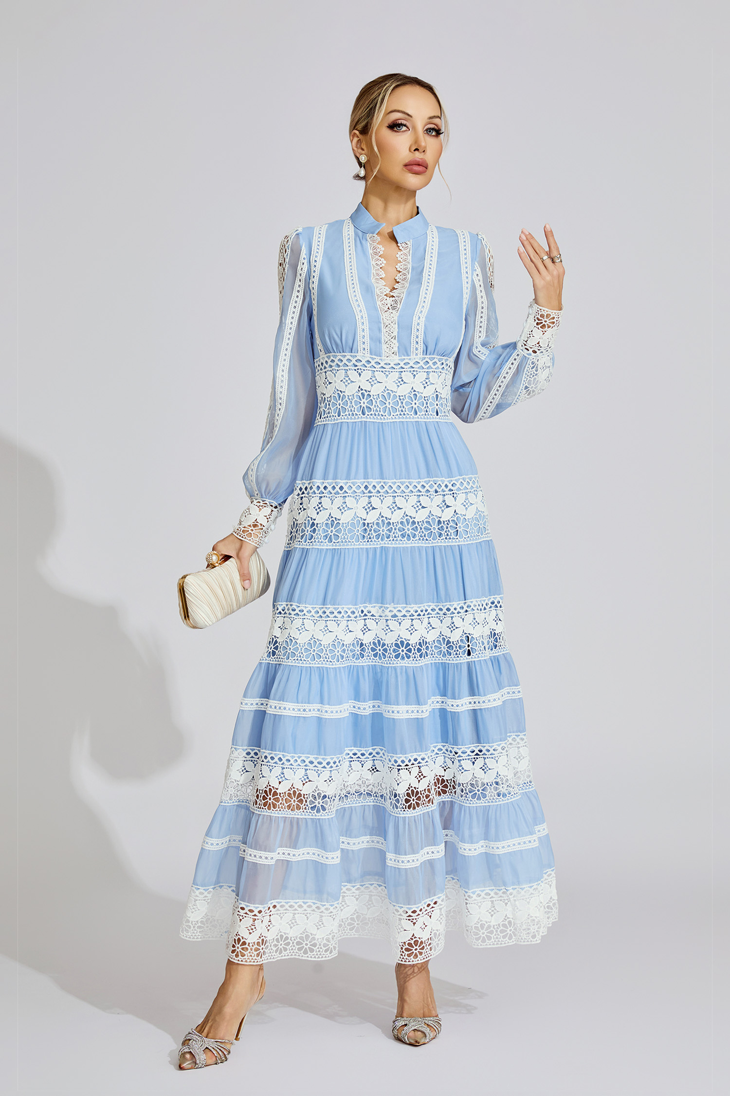 Dolores Blue Lace V-Neck French Maxi Dress