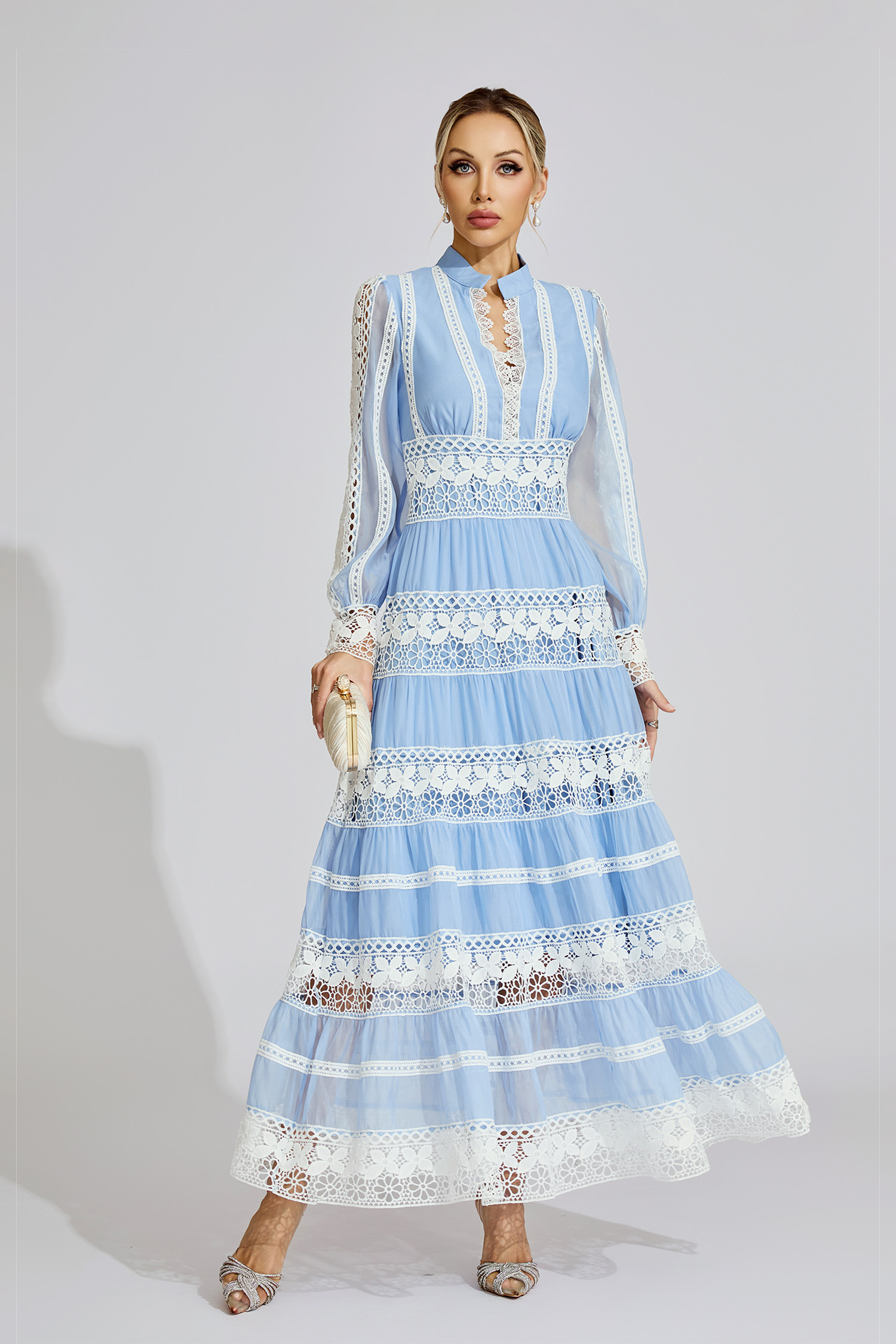 Dolores Blue Lace V-Neck French Maxi Dress