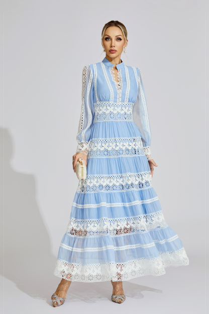 Dolores Blue Lace V-Neck French Maxi Dress