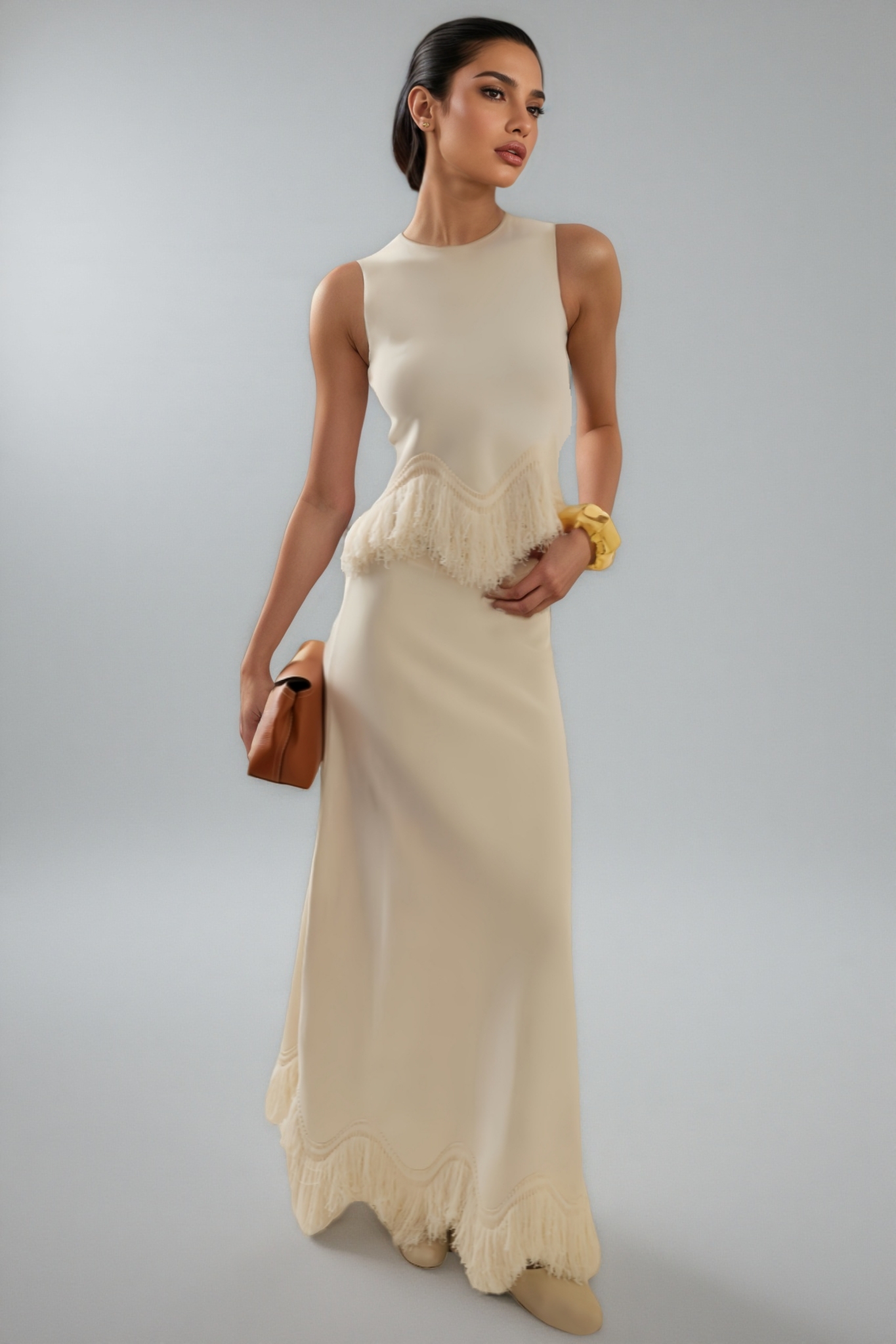 Gwendolyn White Fringe Maxi Dress Two Piece Set
