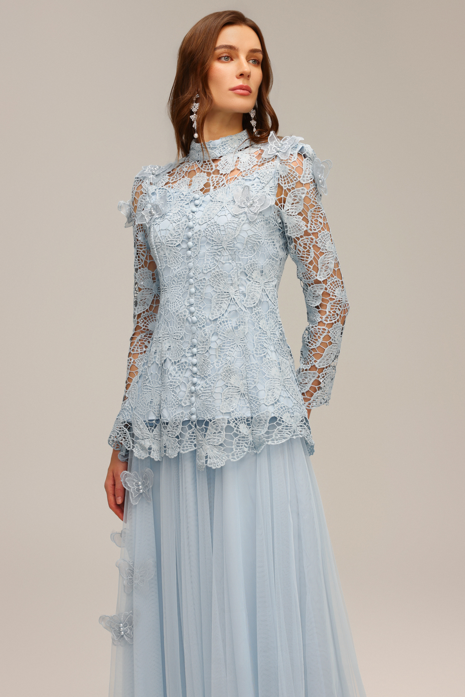 Felicia Long Sleeve Folds Lace Butterfly Top And Skirt Two-Piece Set
