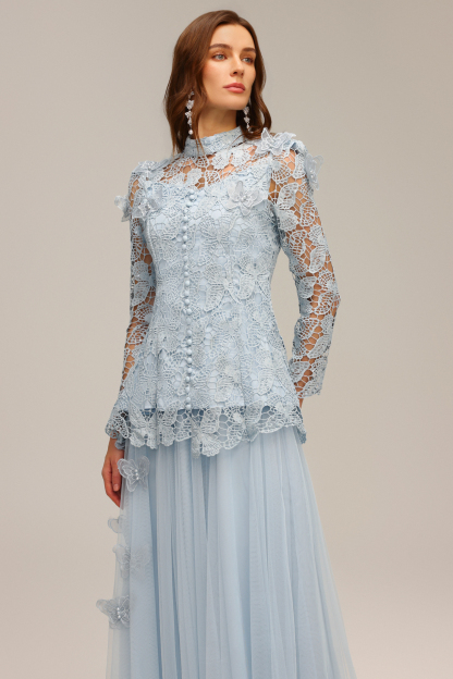 Felicia Long Sleeve Folds Lace Butterfly Top And Skirt Two-Piece Set