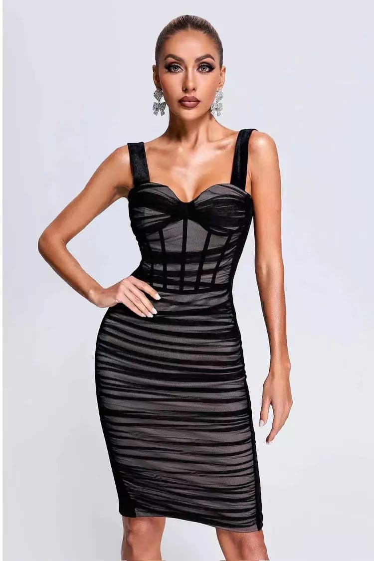 Bertha Black Mesh Velvet Midi Dress