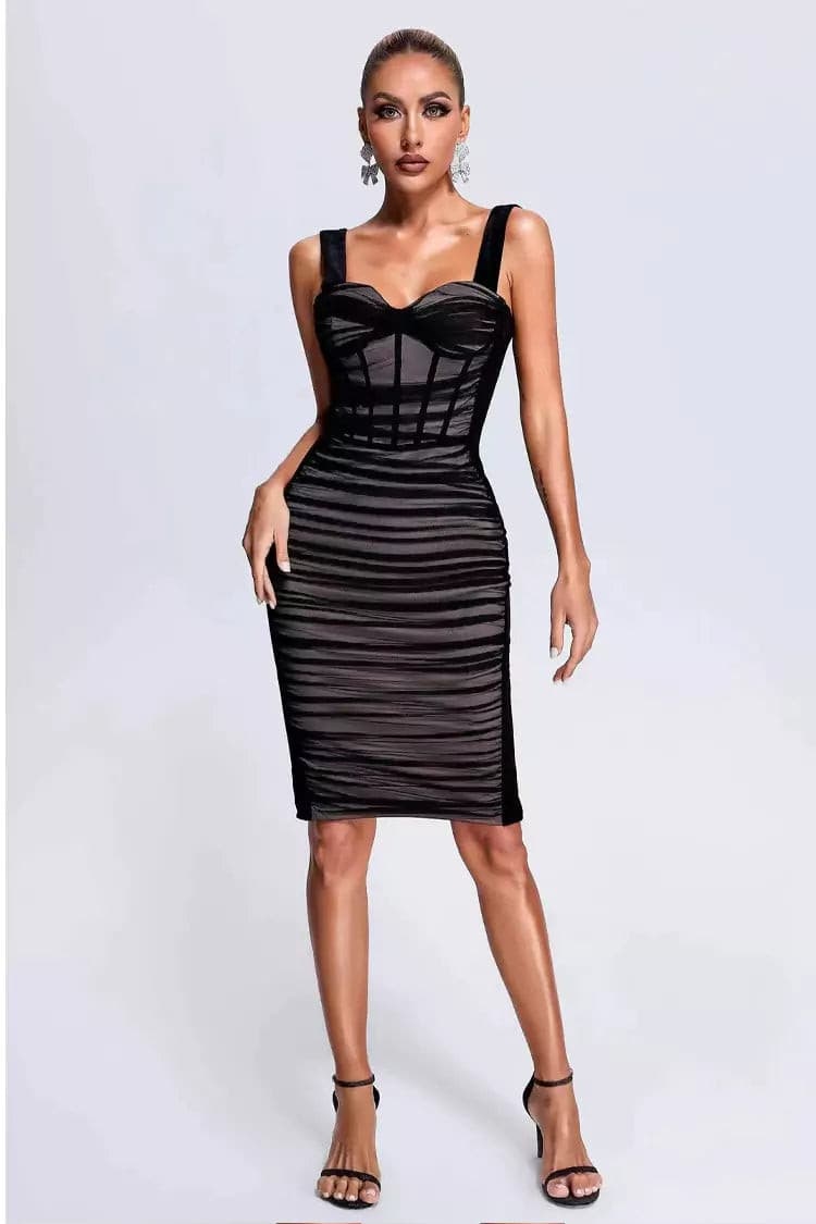 Bertha Black Mesh Velvet Midi Dress