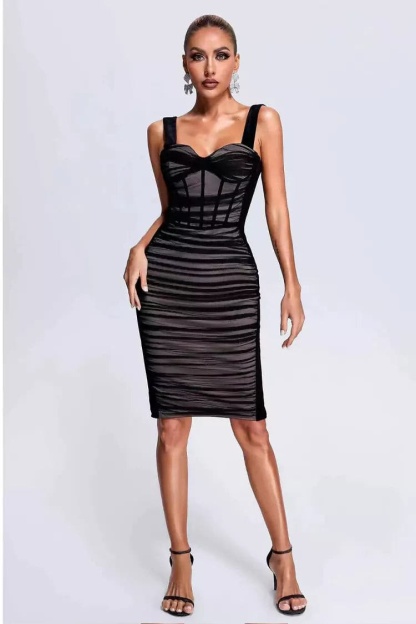 Bertha Black Mesh Velvet Midi Dress