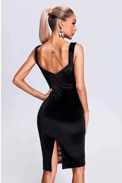 Bertha Black Mesh Velvet Midi Dress