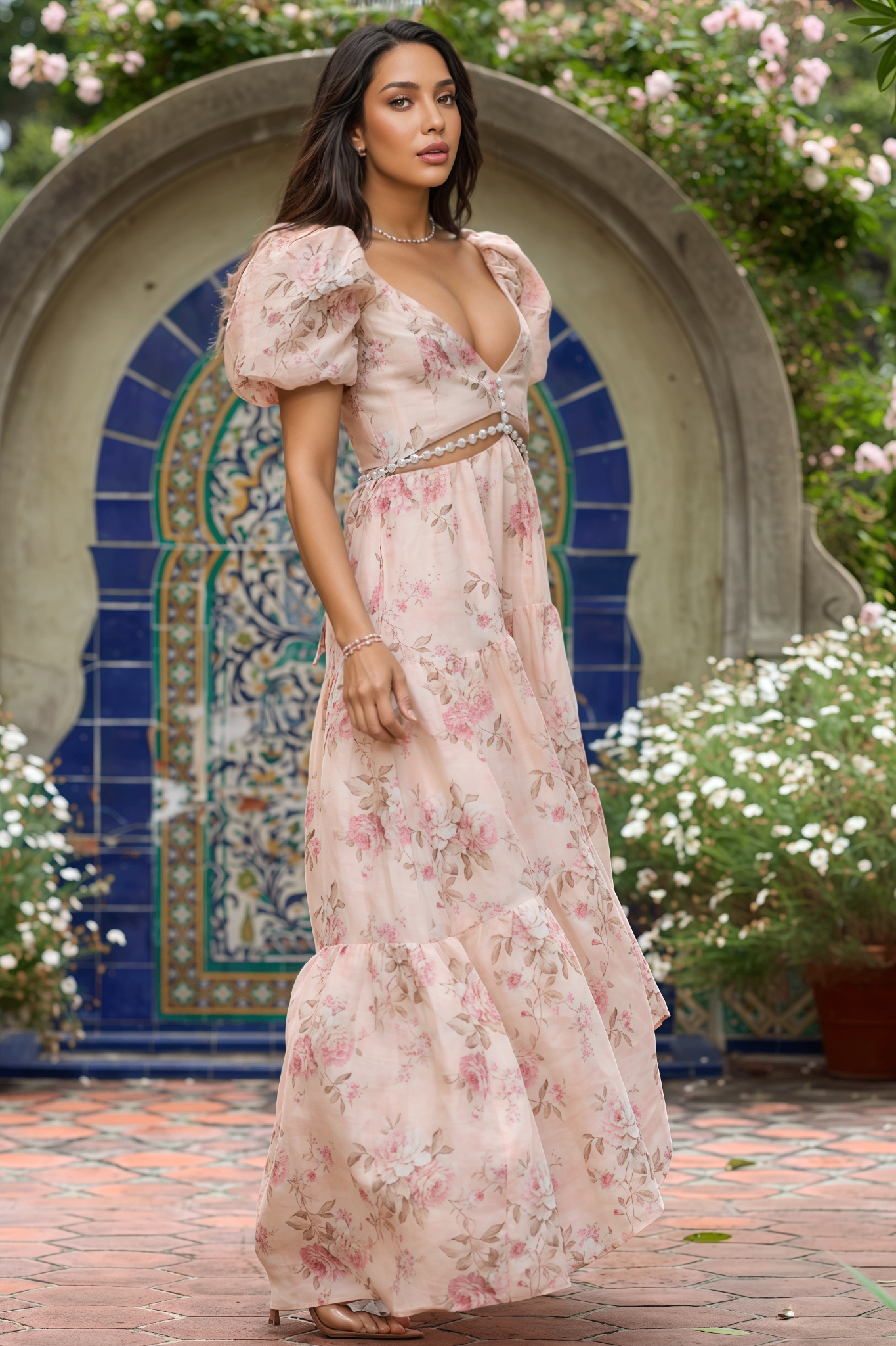 Jolie Pink Printed V-Neck Maxi Dress